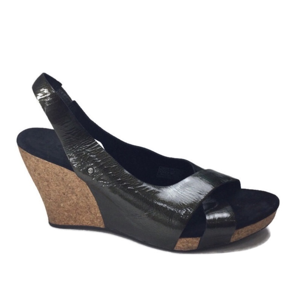 Ugg Hazel Pewter Patent Leather Crisscross Slingback Cork Wedge Heels Size 11